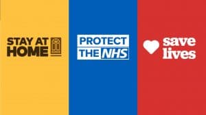 Stay Home. Protect the NHS. Save Lives. With coloured branding.